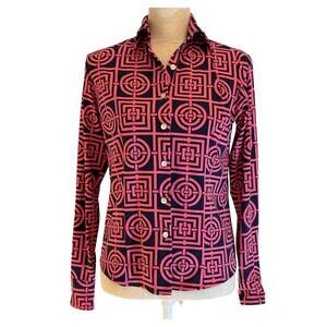 Melly M Resortwear Women’s Small Blouse Pink Blue Geometric Button Down Golf